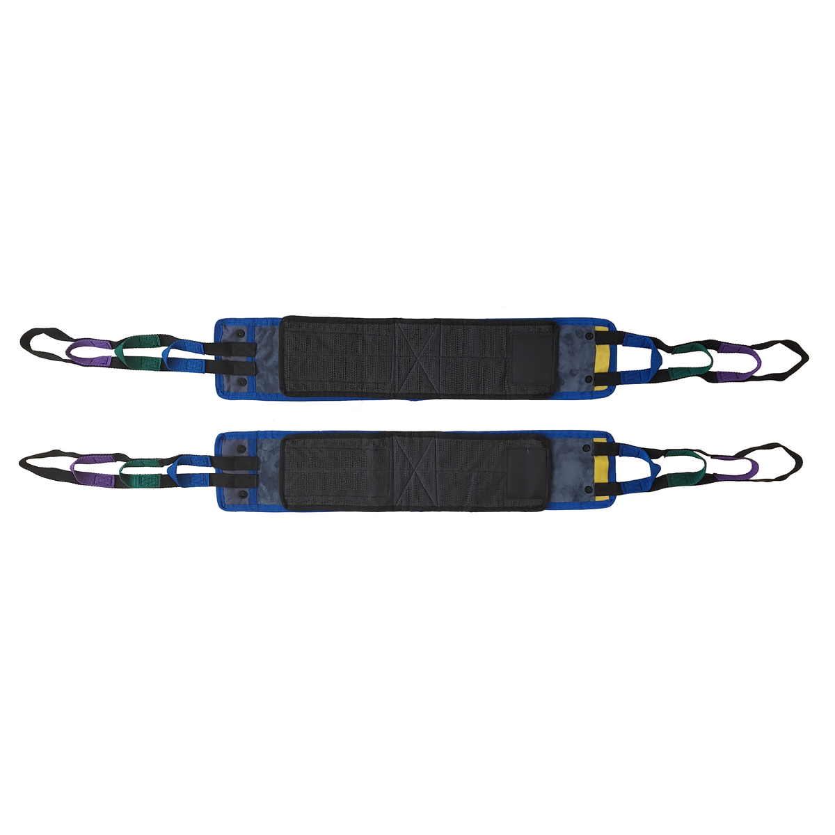 Universal 3-layer polyester patient hip lift sling with Velcro thigh cuffs and 600 lb bariatric capacity back view.