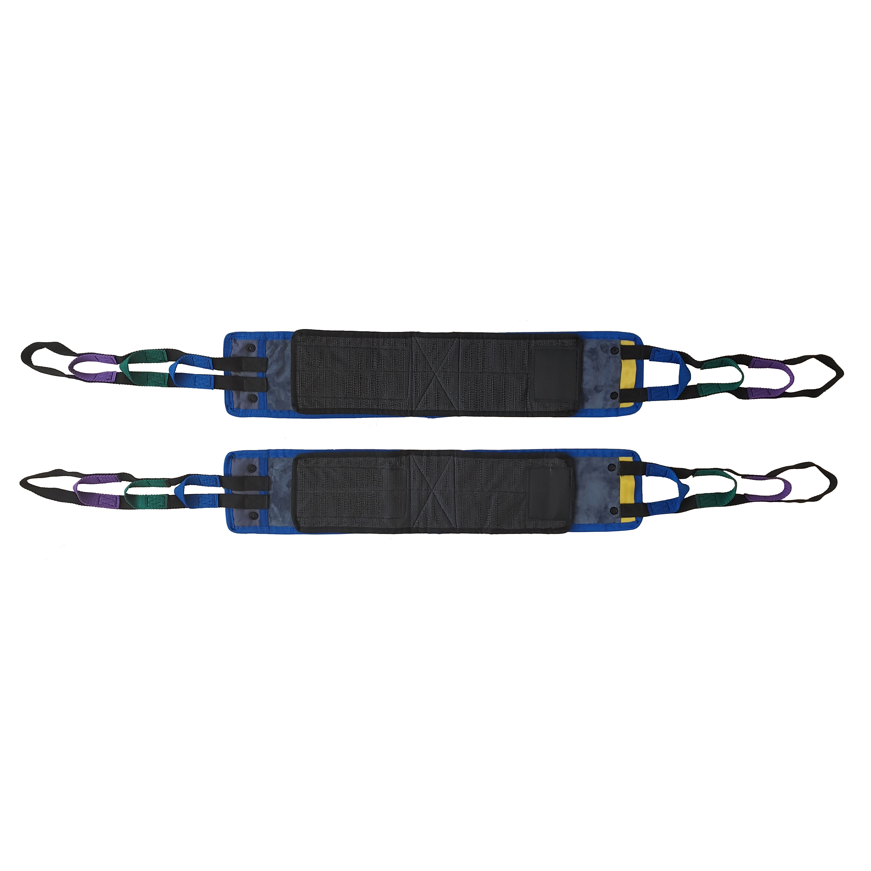 Universal 3-layer polyester patient hip lift sling with Velcro thigh cuffs and 600 lb bariatric capacity back view.