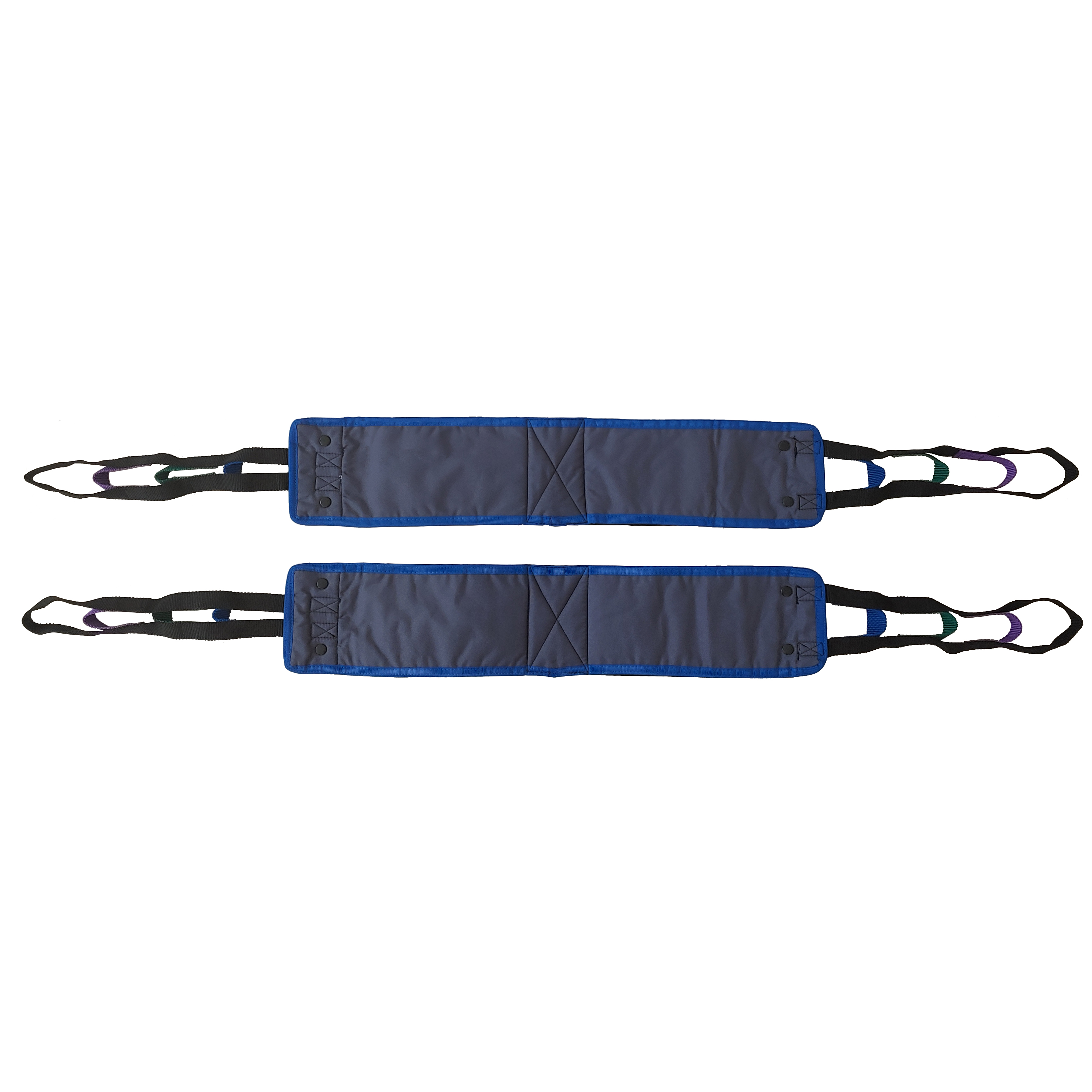 Universal 3-layer polyester patient hip lift sling with Velcro thigh cuffs and 600 lb bariatric capacity.