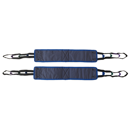 Universal 3-layer polyester patient hip lift sling with Velcro thigh cuffs and 600 lb bariatric capacity.