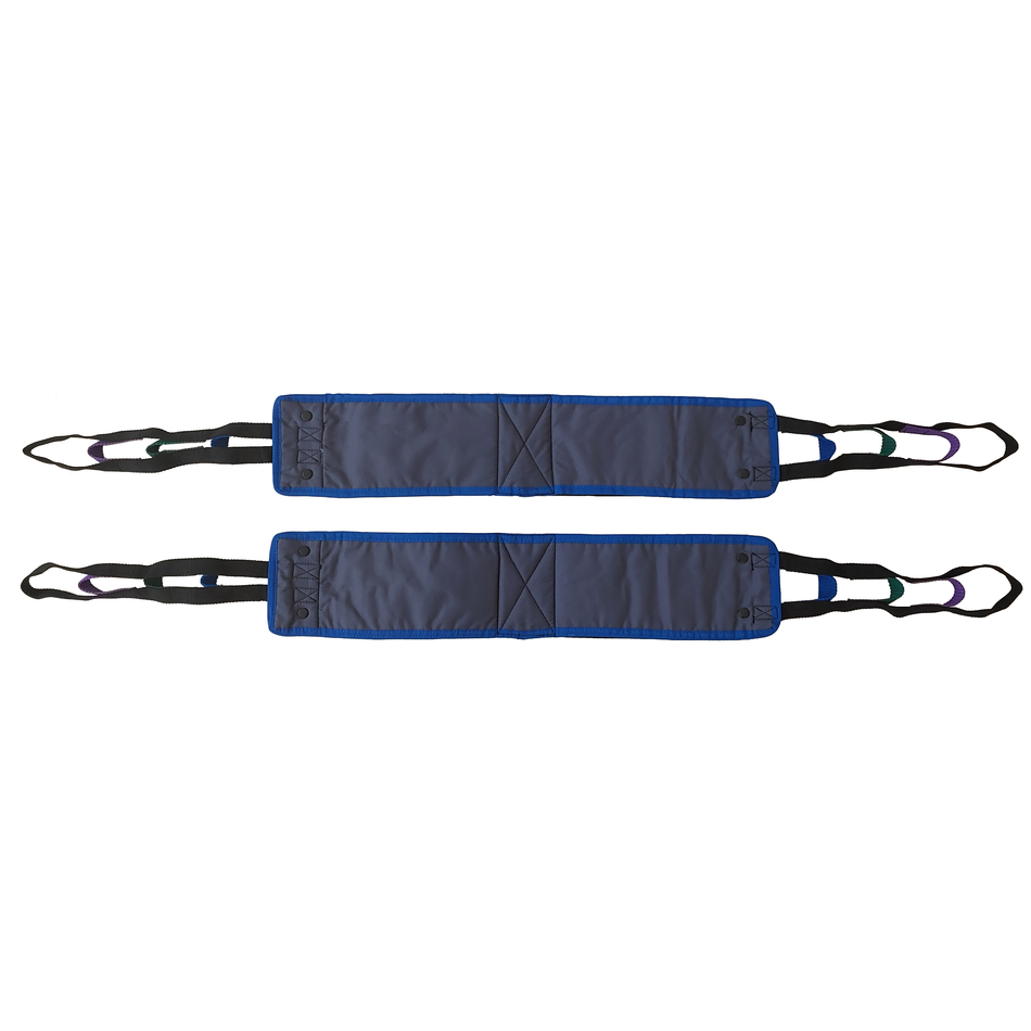 Universal 3-layer polyester patient hip lift sling with Velcro thigh cuffs and 600 lb bariatric capacity.