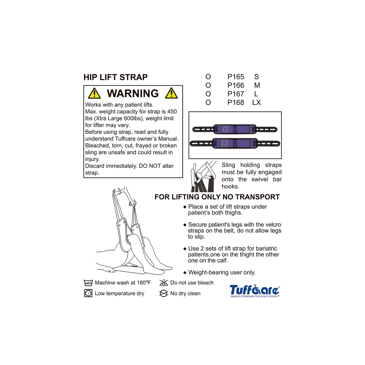 Safety instructions and sizing chart for Tuffcare hip lift straps P165 through P168 showing weight limits and usage.