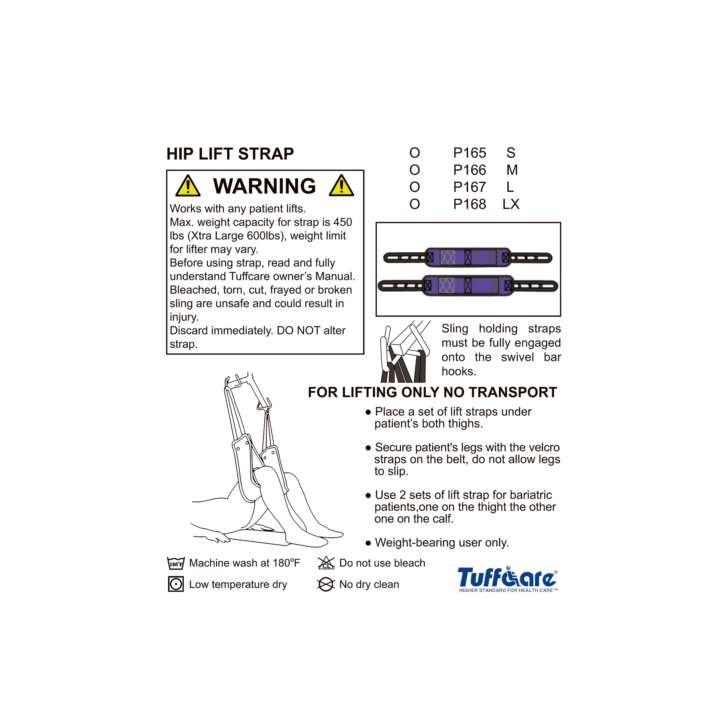 Safety instructions and sizing chart for Tuffcare hip lift straps P165 through P168 showing weight limits and usage.
