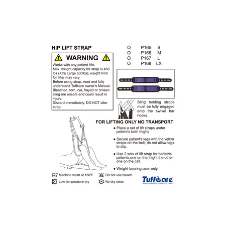 Safety instructions and sizing chart for Tuffcare hip lift straps P165 through P168 showing weight limits and usage.