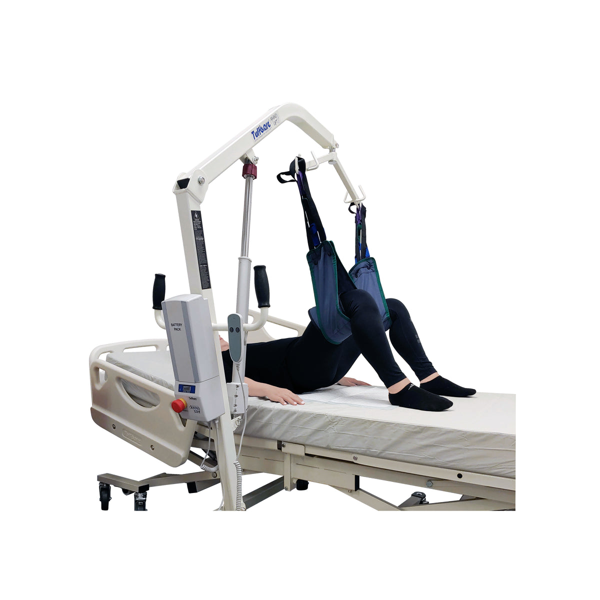 Tuffcare hip lift sling on patient lift, lifting patient.