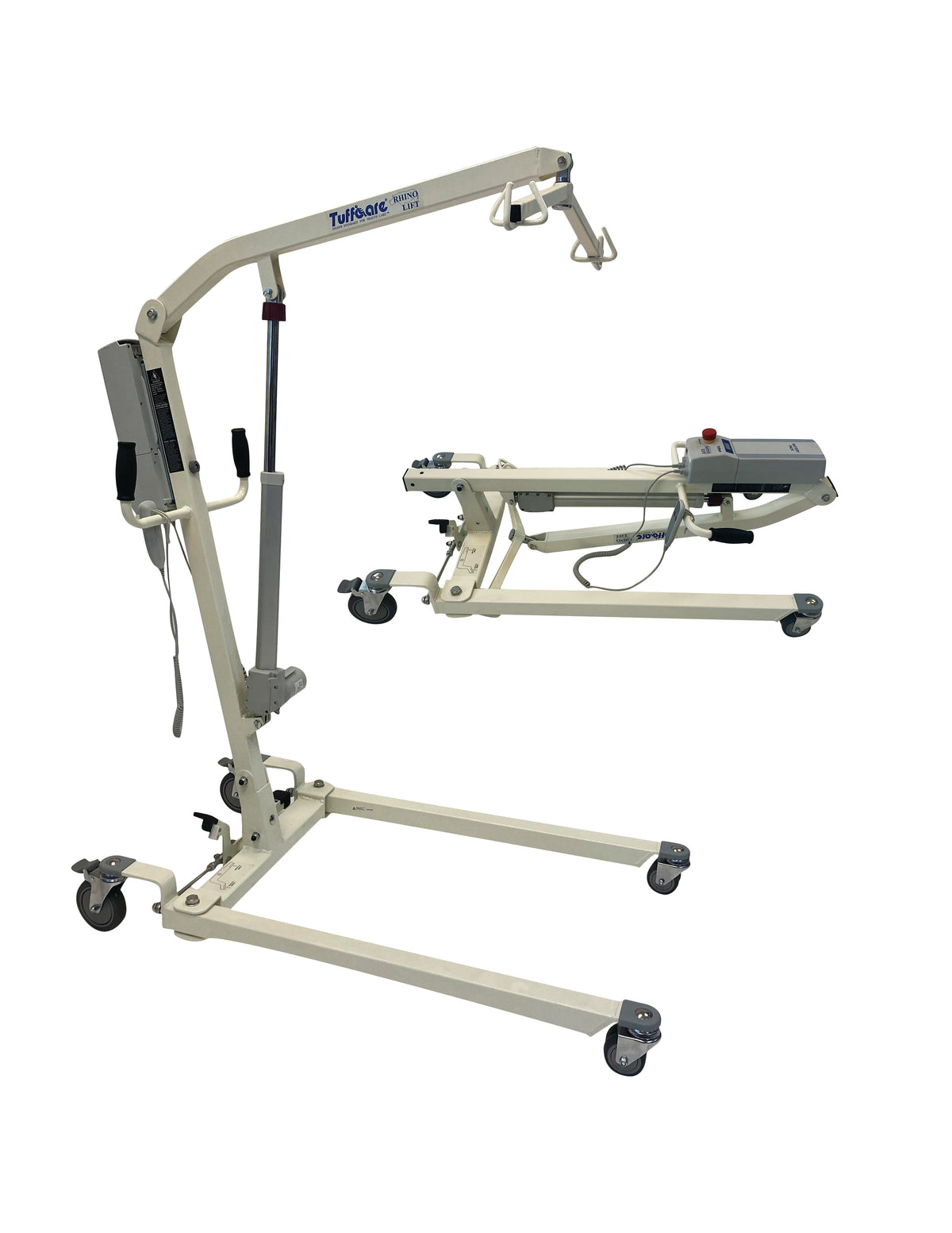 Tuffcare Rhino electric patient lift showing both upright and folded views.