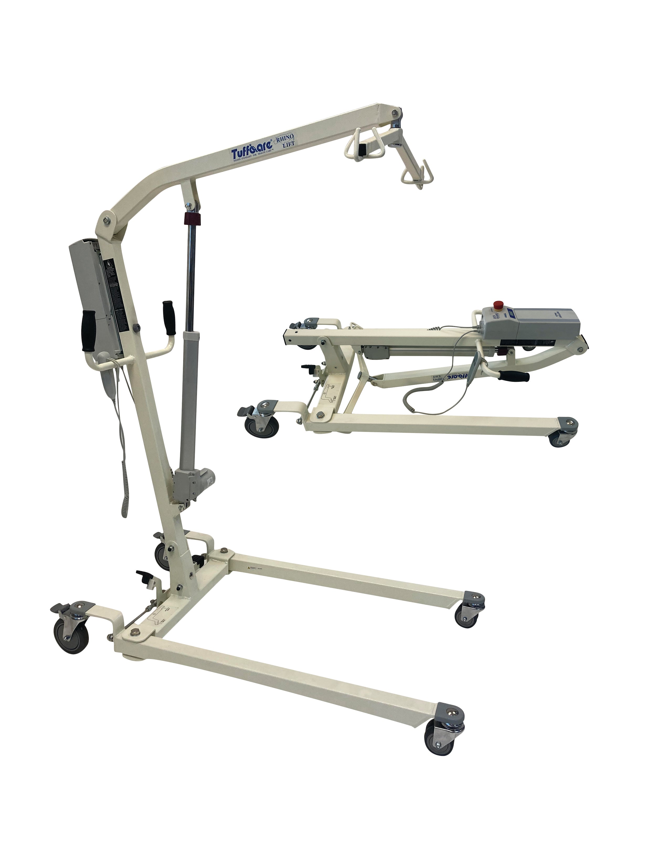 Tuffcare Rhino electric patient lift showing both upright and folded views.