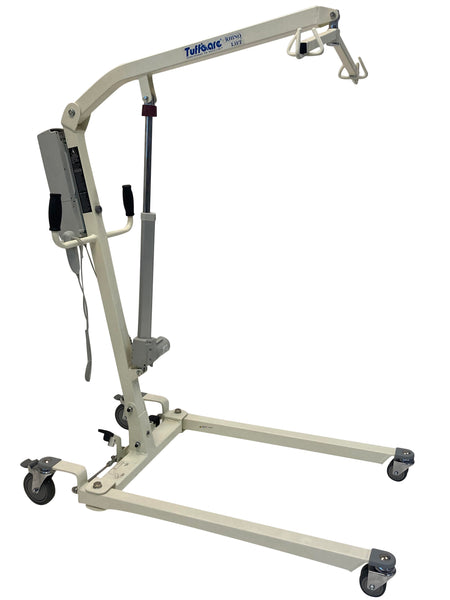 Tuffcare Rhino electric patient lift with manual low base, 6-point swivel bar, and 450 lb weight capacity.
