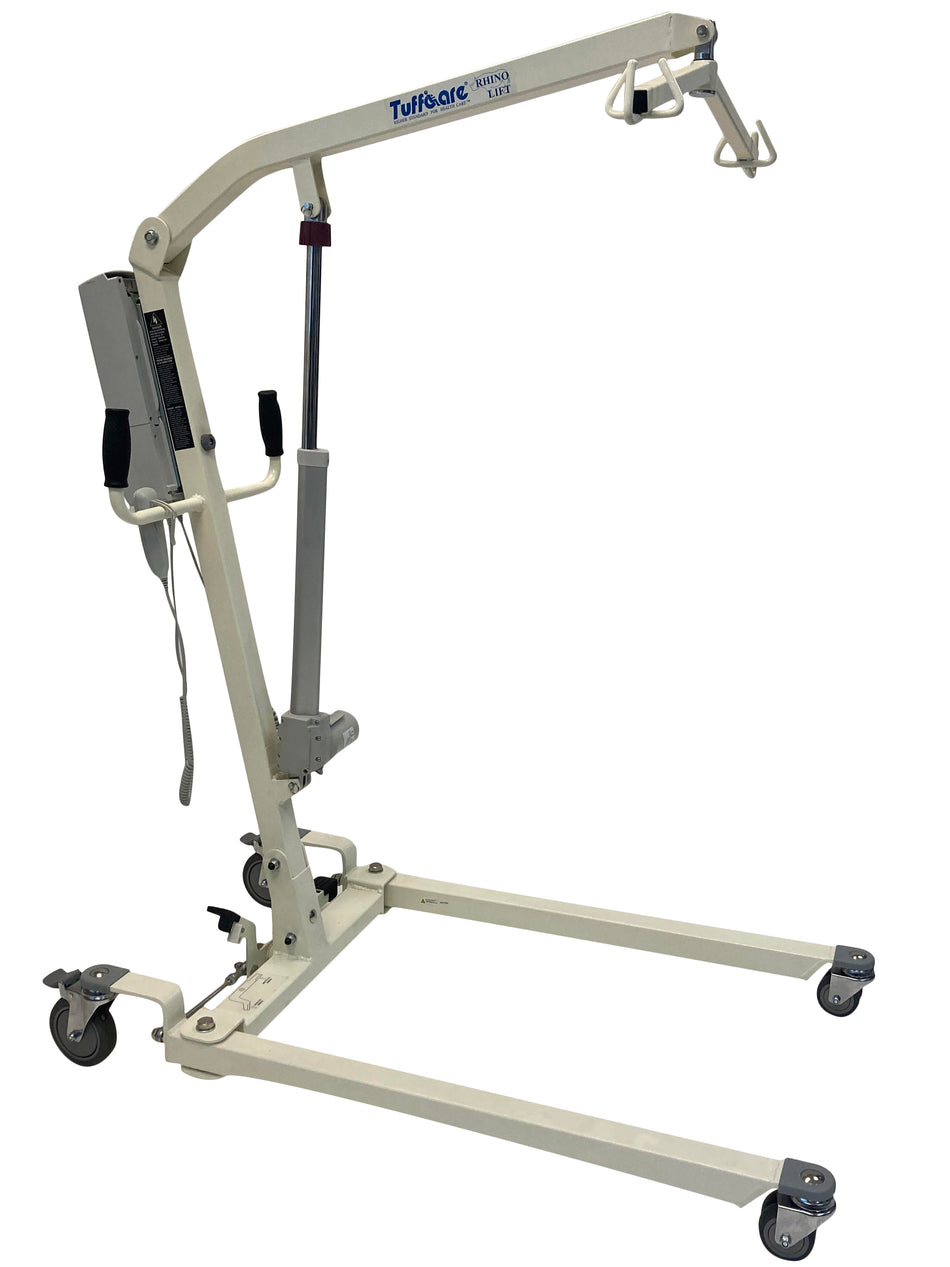 Tuffcare Rhino electric patient lift with manual low base, 6-point swivel bar, and 450 lb weight capacity.