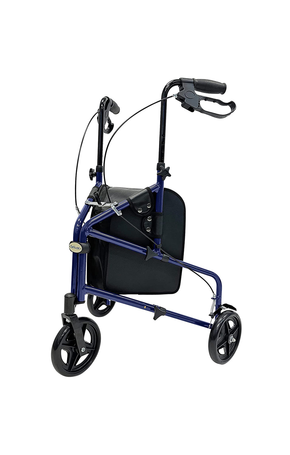 Lightweight three-wheeled walker with a retractable blue frame, adjustable handles, and storage pouch.
