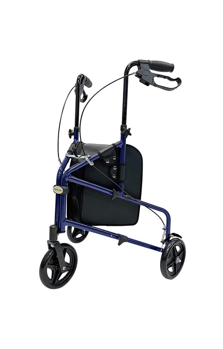 Lightweight three-wheeled walker with a retractable blue frame, adjustable handles, and storage pouch.