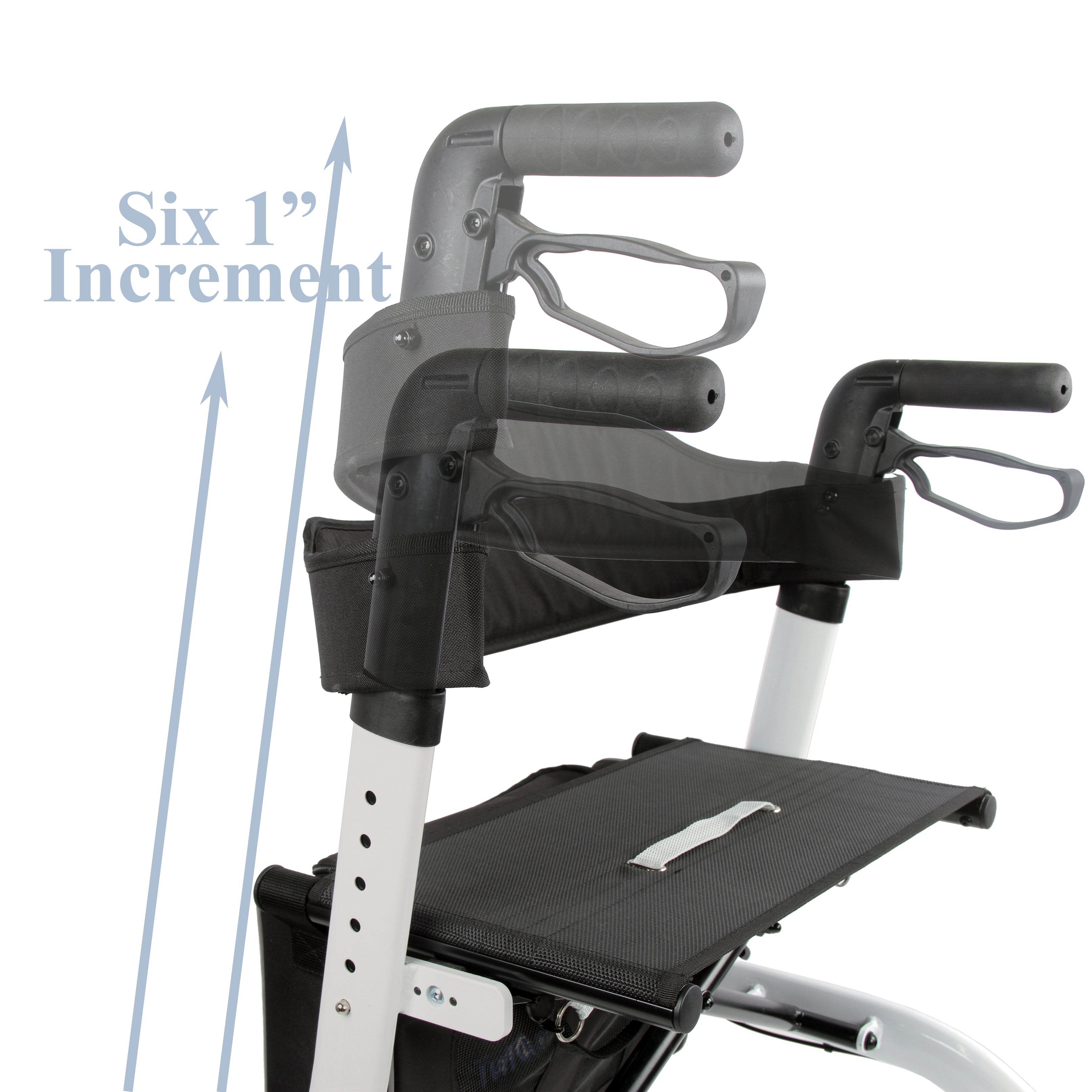 Diagram showing the Tuffcare Freedom Neptune Rollator Walker handle adjustable by six 1 inch increments. 