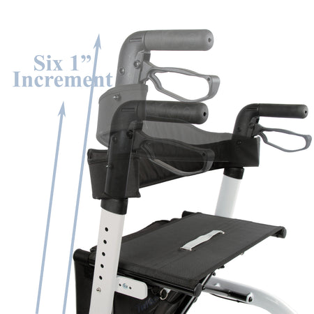 Diagram showing the Tuffcare Freedom Neptune Rollator Walker handle adjustable by six 1 inch increments. 