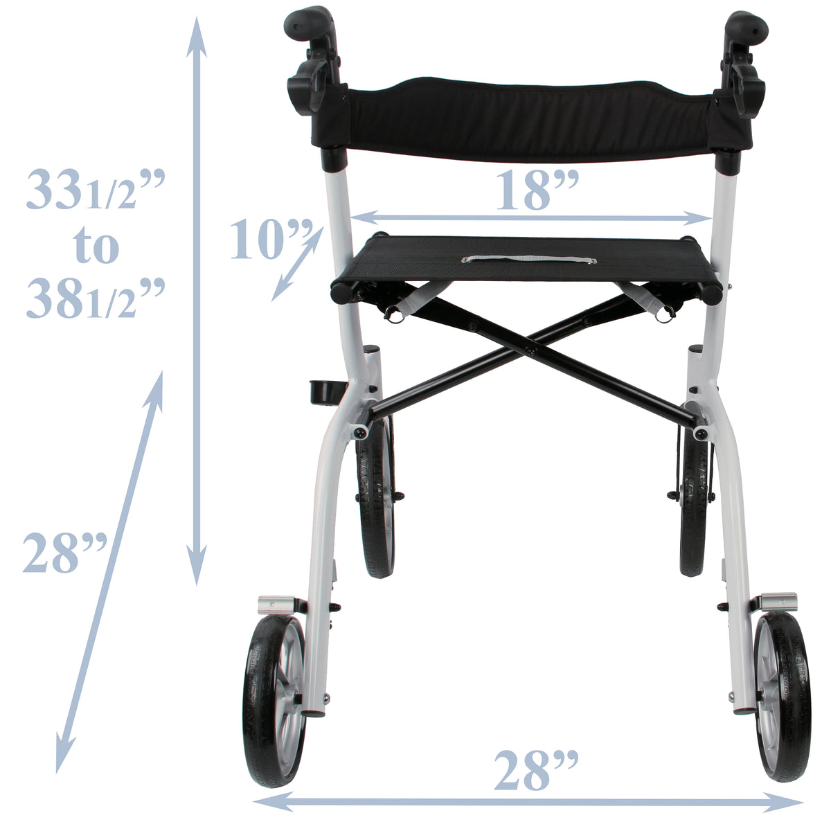 Diagram showing the dimensions of Tuffcare Freedom Neptune Rollator Walker. Depth and Width of 28 inches. Adjustable height from 33.5 to 38.5 inches. Seat is 10 inches long and 18 inches wide. 