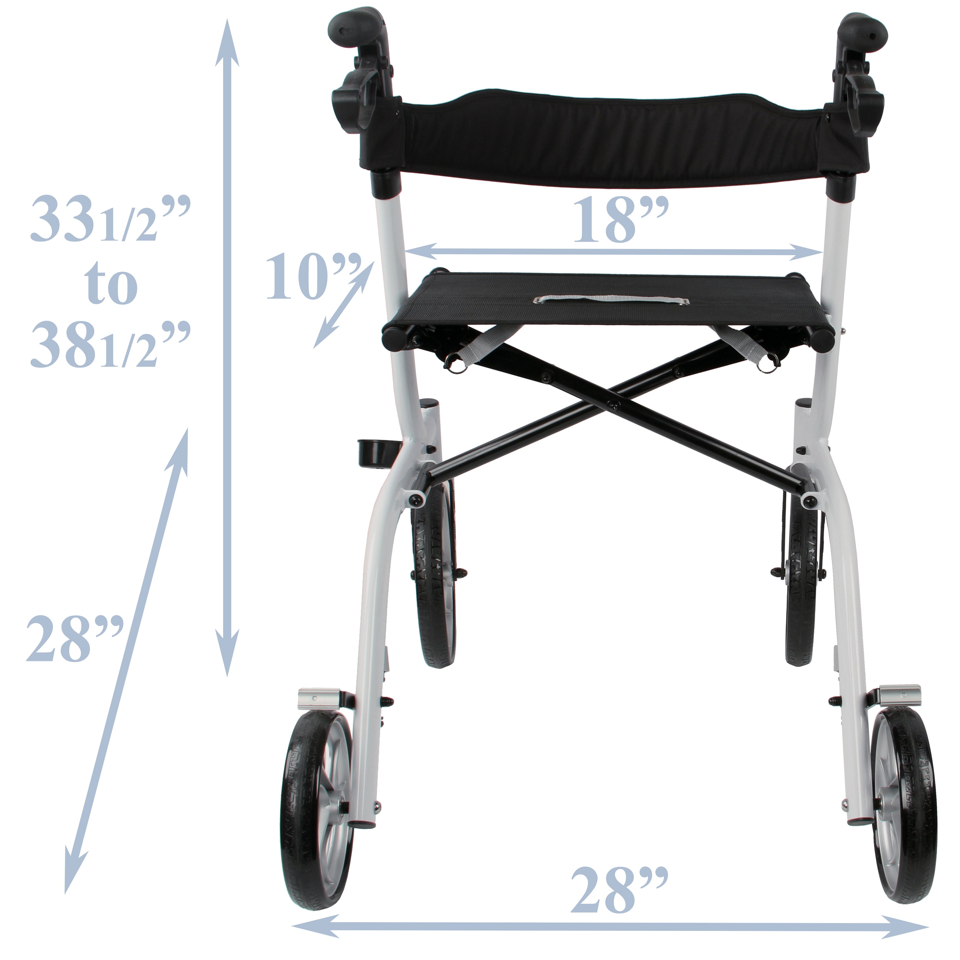Diagram showing the dimensions of Tuffcare Freedom Neptune Rollator Walker. Depth and Width of 28 inches. Adjustable height from 33.5 to 38.5 inches. Seat is 10 inches long and 18 inches wide. 