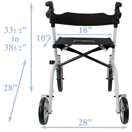 Diagram showing the dimensions of Tuffcare Freedom Neptune Rollator Walker. Depth and Width of 28 inches. Adjustable height from 33.5 to 38.5 inches. Seat is 10 inches long and 18 inches wide. 