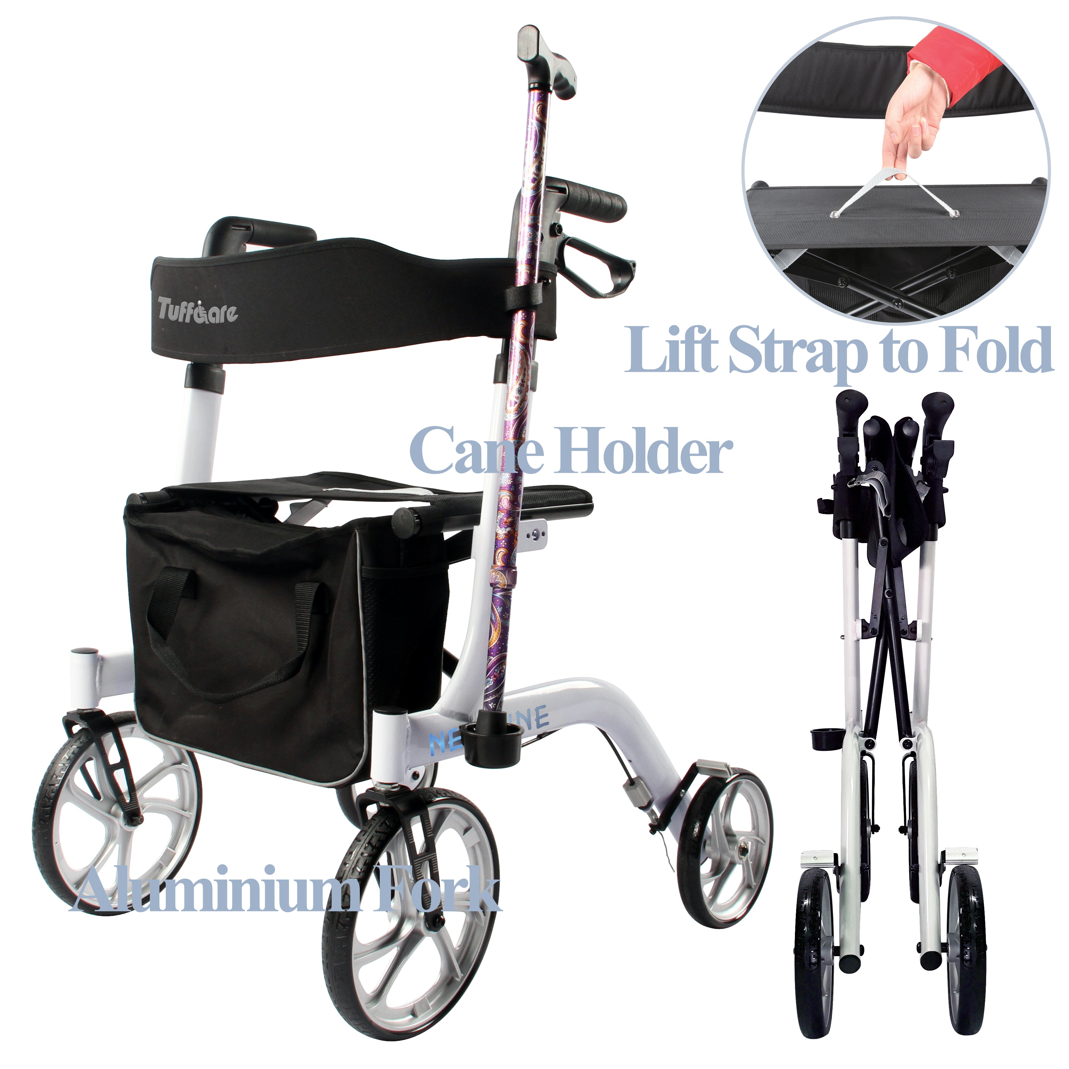 Diagram showing the Tuffcare Freedom Neptune Rollator Walker features, which include, a cane holder, aluminum forks, and a lift strap when folded.