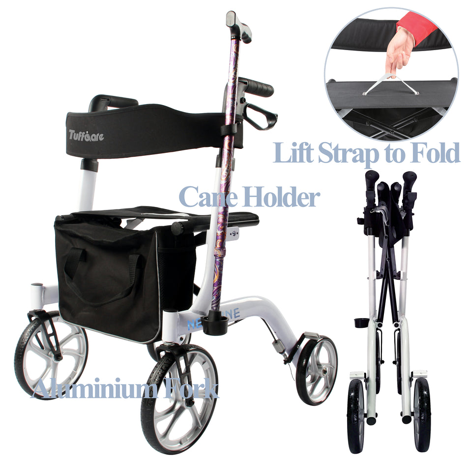 Diagram showing the Tuffcare Freedom Neptune Rollator Walker features, which include, a cane holder, aluminum forks, and a lift strap when folded.
