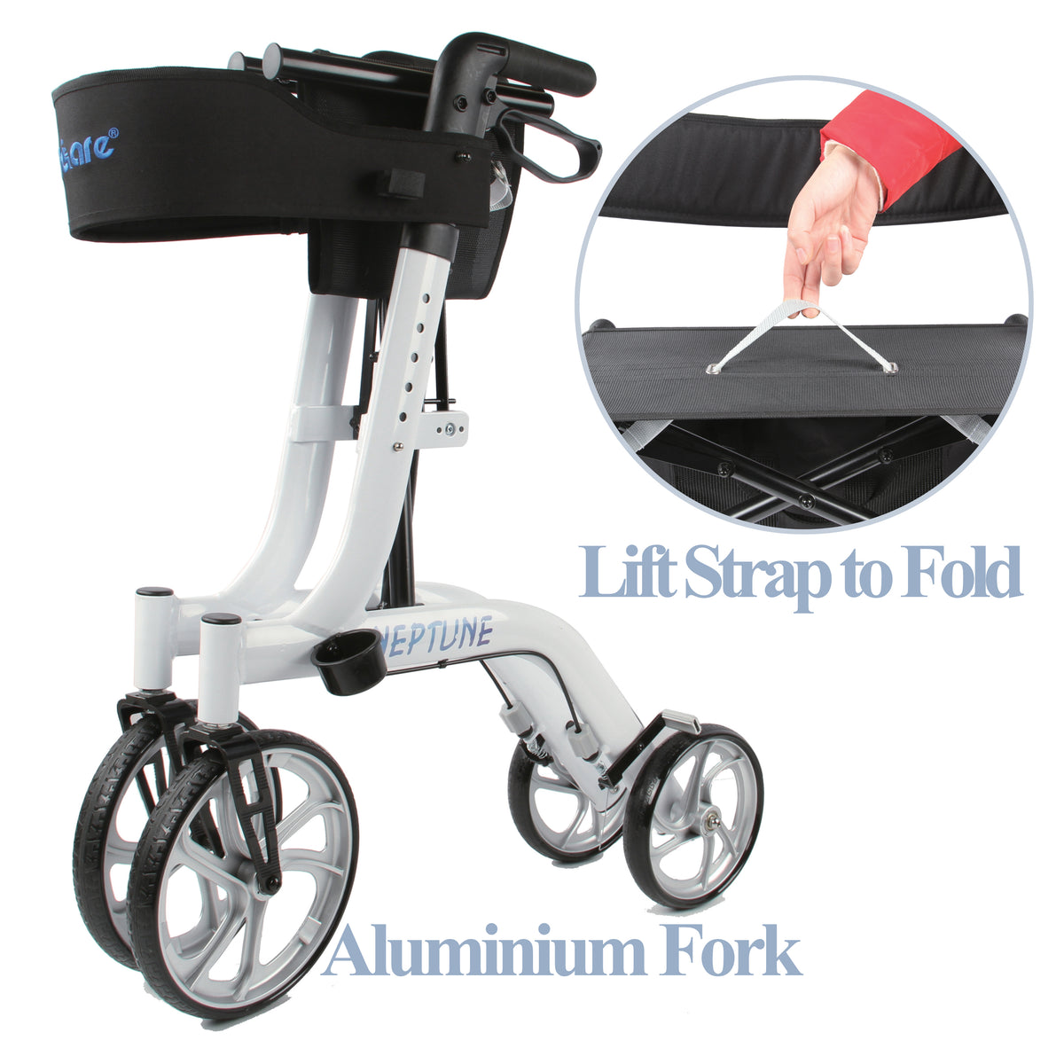 Tuffcare Freedom Neptune Rollator Walker fully folded so it can be lifted by the preinstalled lift strap.