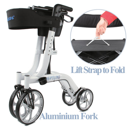 Tuffcare Freedom Neptune Rollator Walker fully folded so it can be lifted by the preinstalled lift strap.