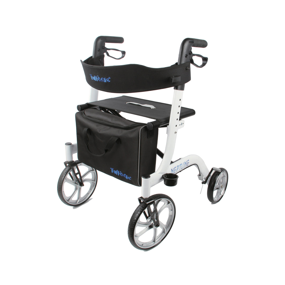 Tuffcare Freedom Neptune Rollator Walker with a sturdy seat, backrest, and carrying pouch. It features four wheels, adjustable height, and lockable brakes.