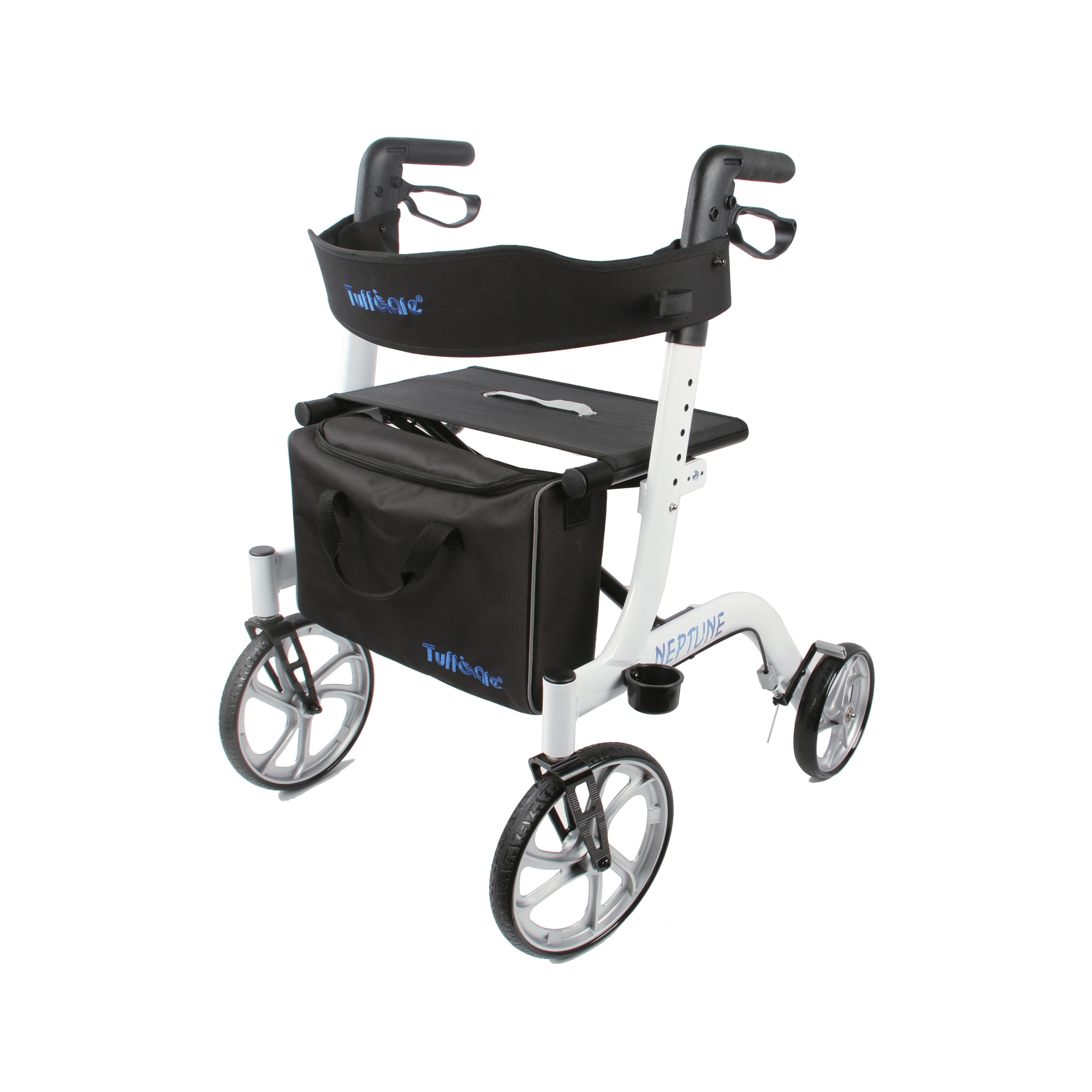 Tuffcare Freedom Neptune Rollator Walker with a sturdy seat, backrest, and carrying pouch. It features four wheels, adjustable height, and lockable brakes.