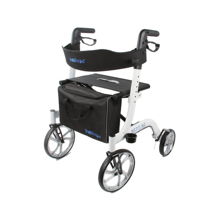 Tuffcare Freedom Neptune Rollator Walker with a sturdy seat, backrest, and carrying pouch. It features four wheels, adjustable height, and lockable brakes.