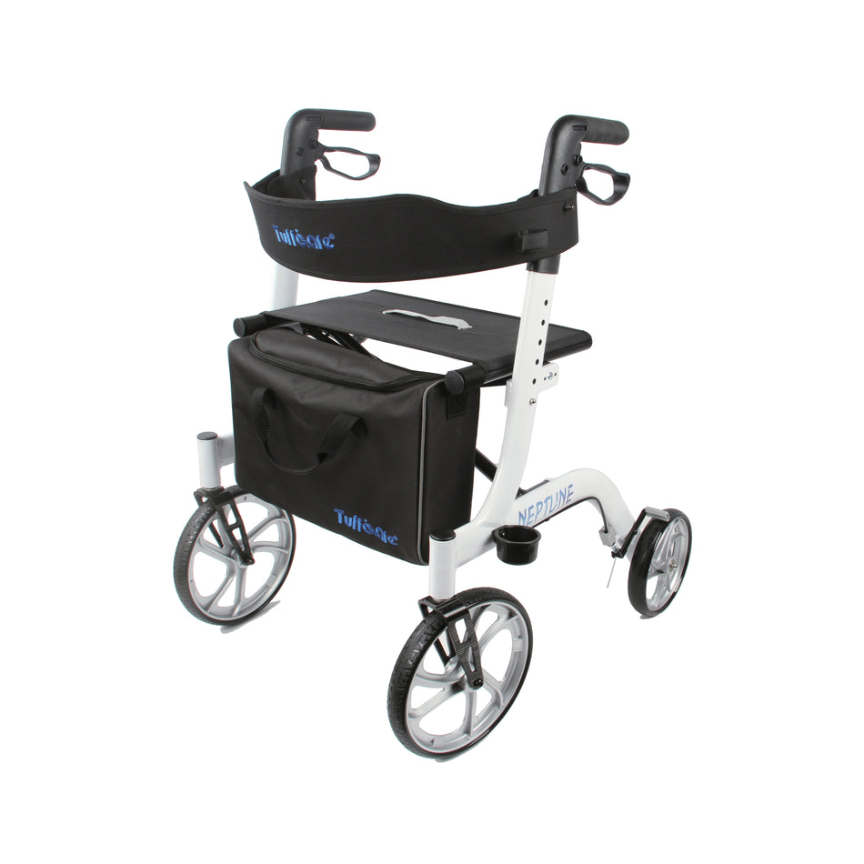 Tuffcare Freedom Neptune Rollator Walker with a sturdy seat, backrest, and carrying pouch. It features four wheels, adjustable height, and lockable brakes.