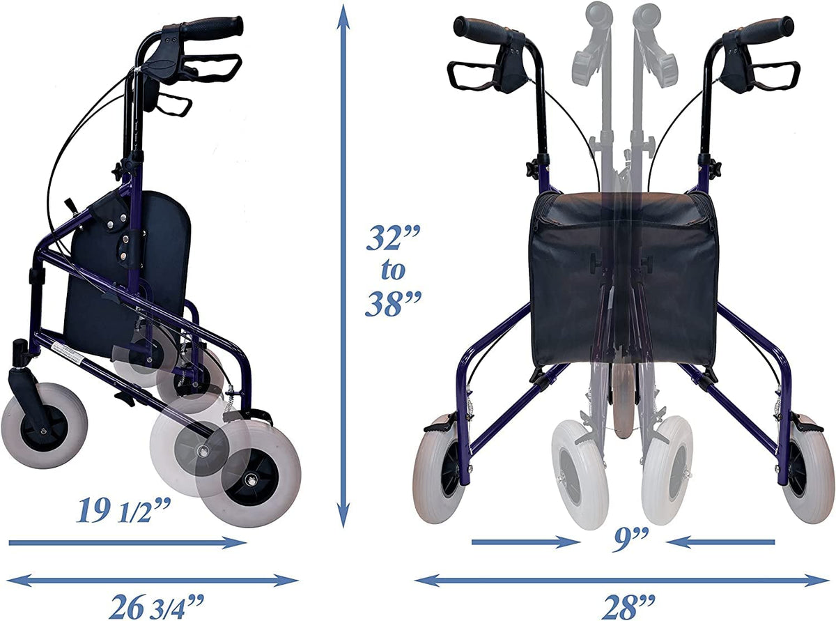 Technical Diagram of Tuffcare Freedom 3 Wheel Walker. Adjustable wheel base from 19.5 to 22 inches. Adjustable height of 32 to 38 inches. Able to be folded down to a width of 9 inches.