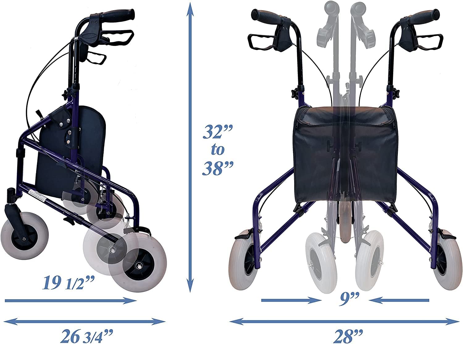 Technical Diagram of Tuffcare Freedom 3 Wheel Walker. Adjustable wheel base from 19.5 to 22 inches. Adjustable height of 32 to 38 inches. Able to be folded down to a width of 9 inches.