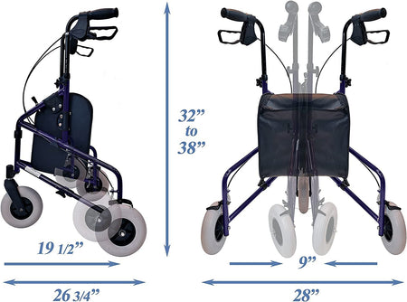 Technical Diagram of Tuffcare Freedom 3 Wheel Walker. Adjustable wheel base from 19.5 to 22 inches. Adjustable height of 32 to 38 inches. Able to be folded down to a width of 9 inches.