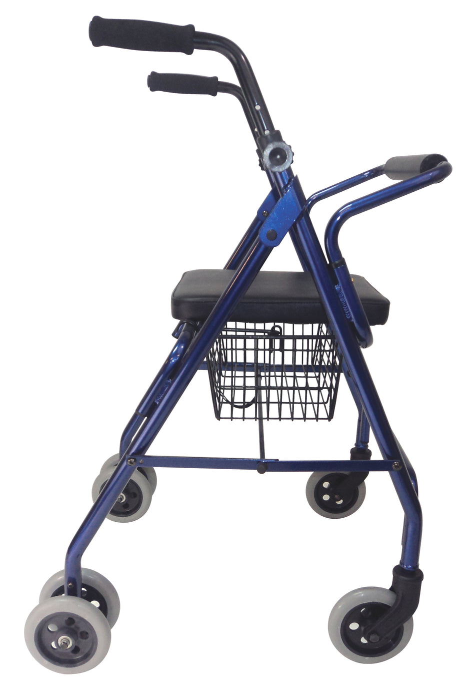Side view of blue aluminum rollator walker with a padded seat and backrest, 5-inch wheels, and a black wire basket under the seat