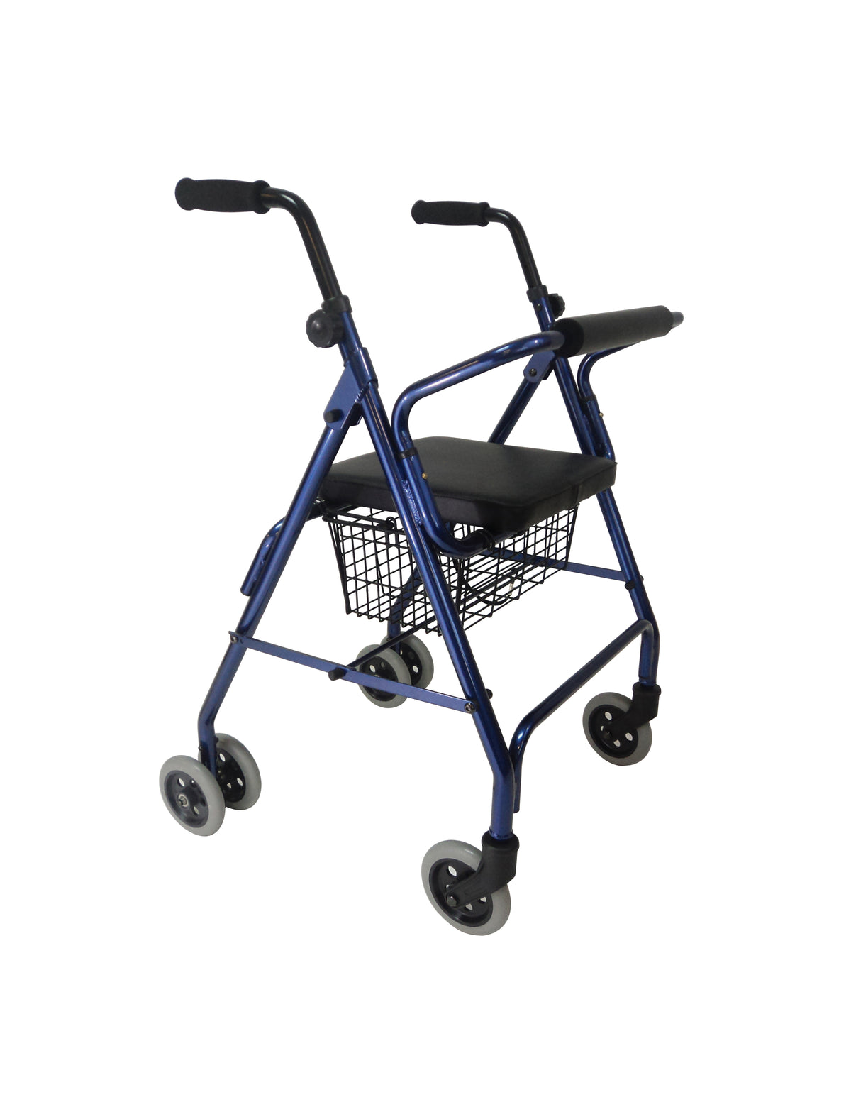 Blue aluminum rollator walker with a padded seat and backrest, 5-inch wheels, and a black wire basket under the seat