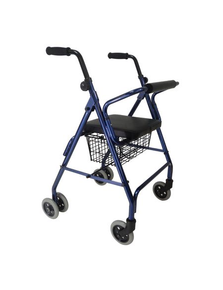 Blue aluminum rollator walker with a padded seat and backrest, 5-inch wheels, and a black wire basket under the seat