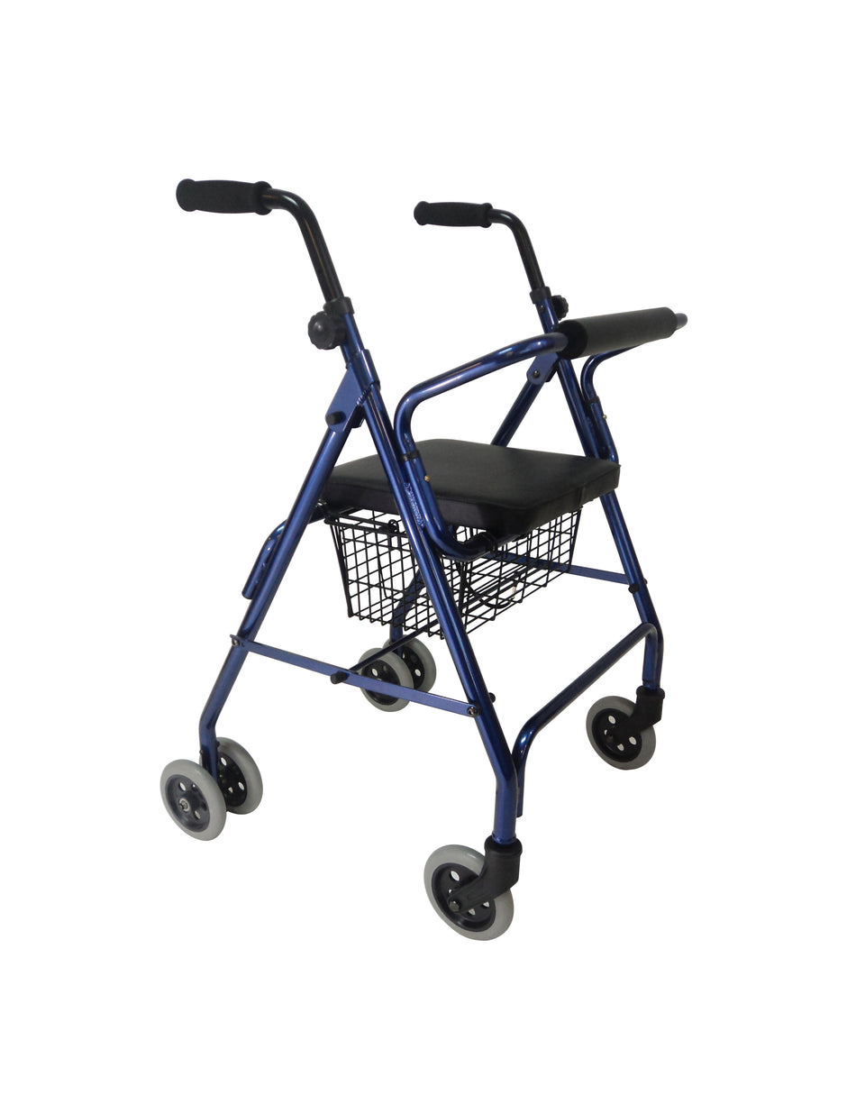 Blue aluminum rollator walker with a padded seat and backrest, 5-inch wheels, and a black wire basket under the seat