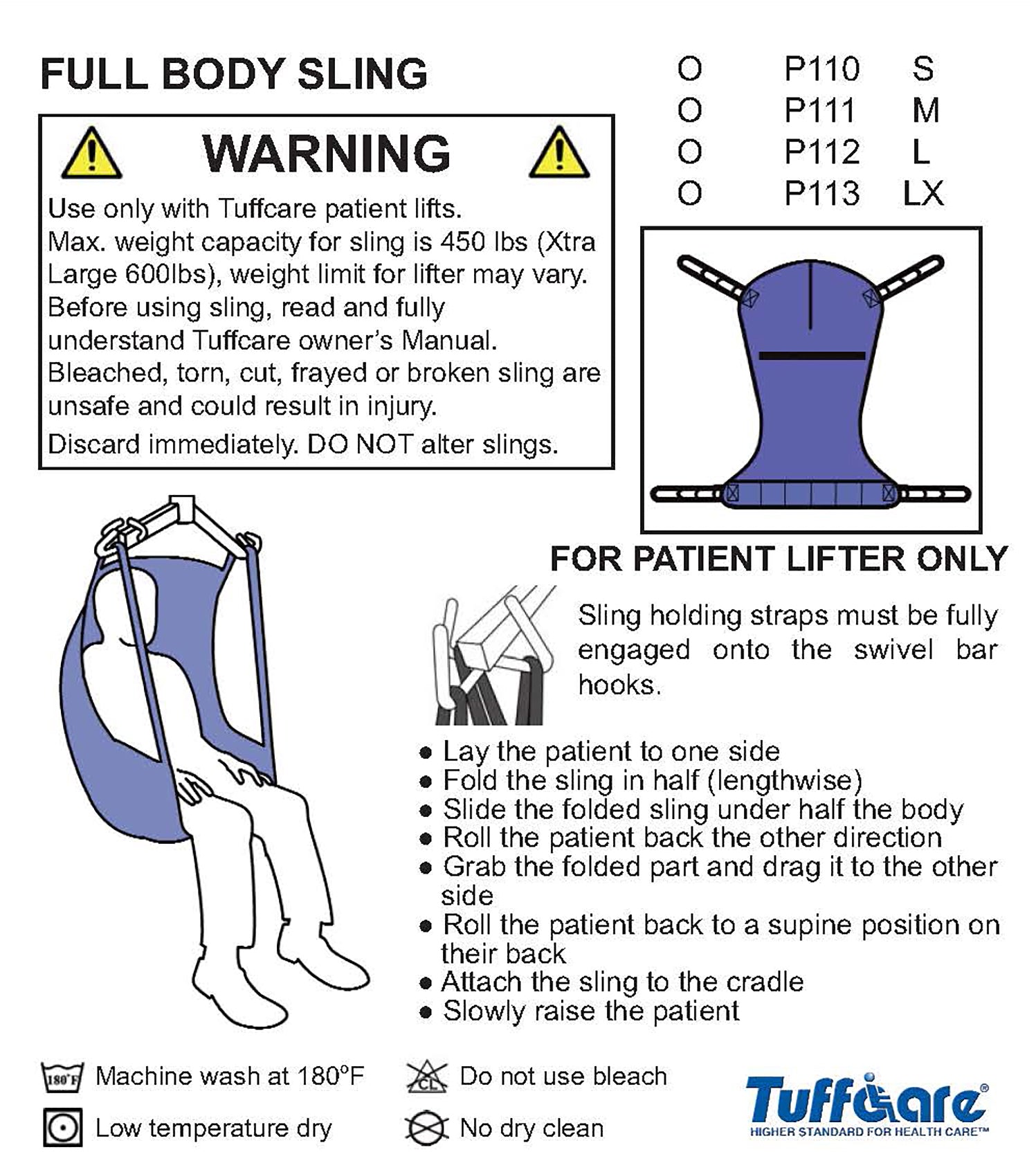 Instructional diagram for Tuffcare Full Body Slings P110-P113 with step-by-step application and 600 lb capacity.