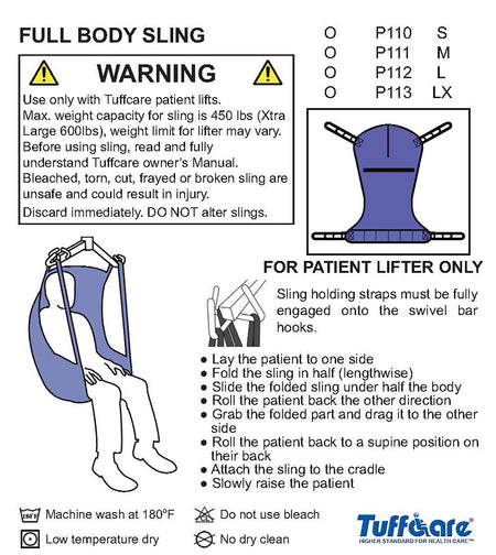 Instructional diagram for Tuffcare Full Body Slings P110-P113 with step-by-step application and 600 lb capacity.