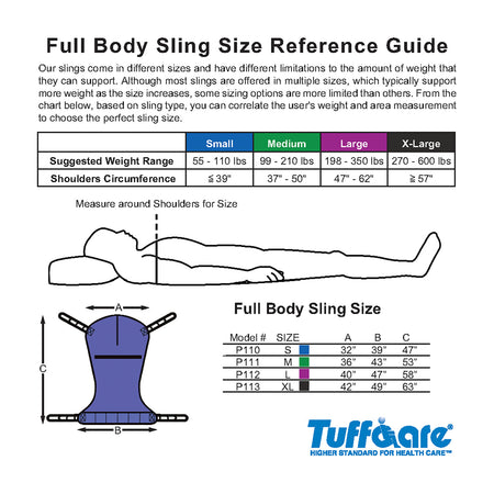 Tuffcare universal 3-layer padded full body patient lift sling sizing guide: small, medium, large, x-large. 