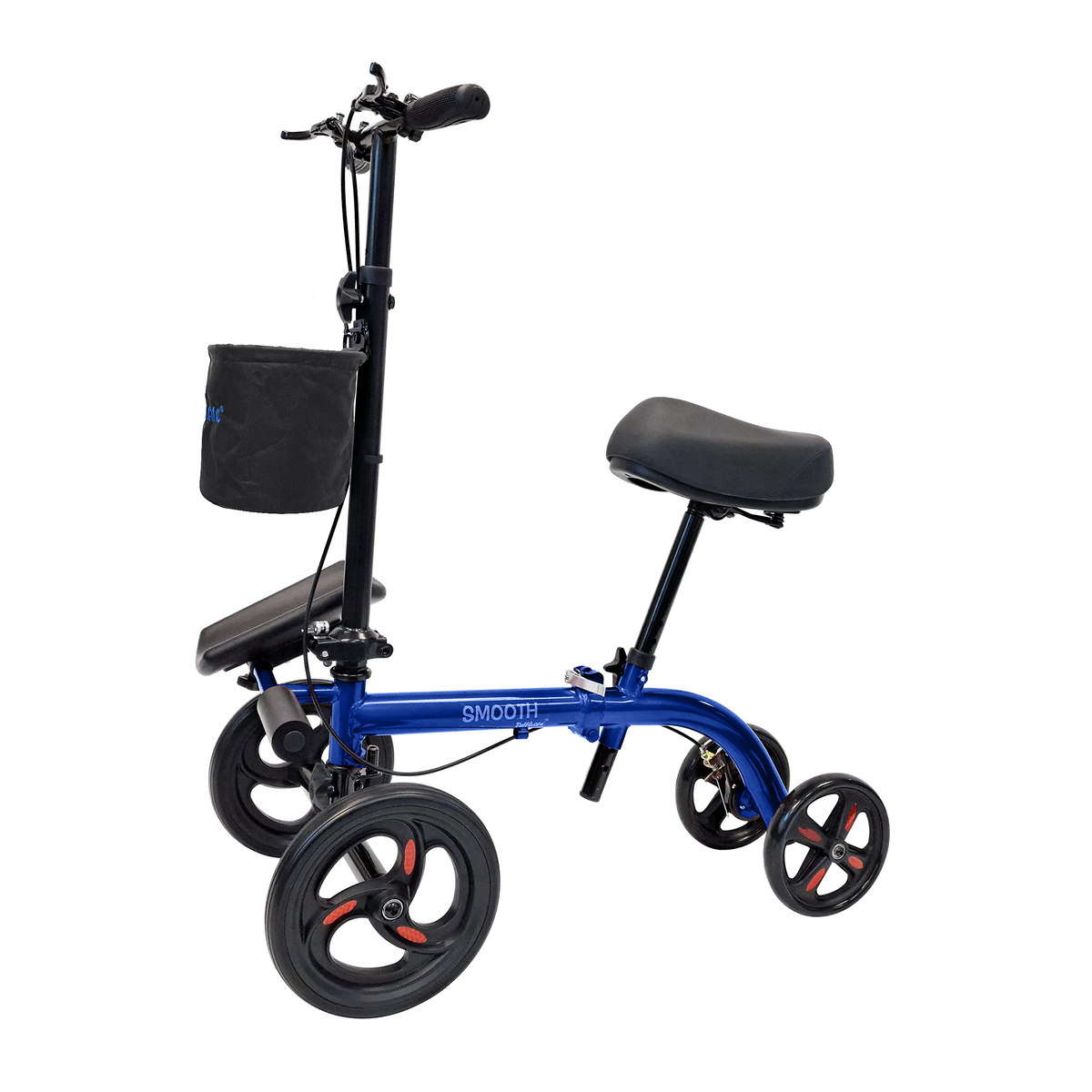 Tuffcare seated knee scooter in blue with gel-padded seat, calf rest, and front storage basket for leg injury recovery.