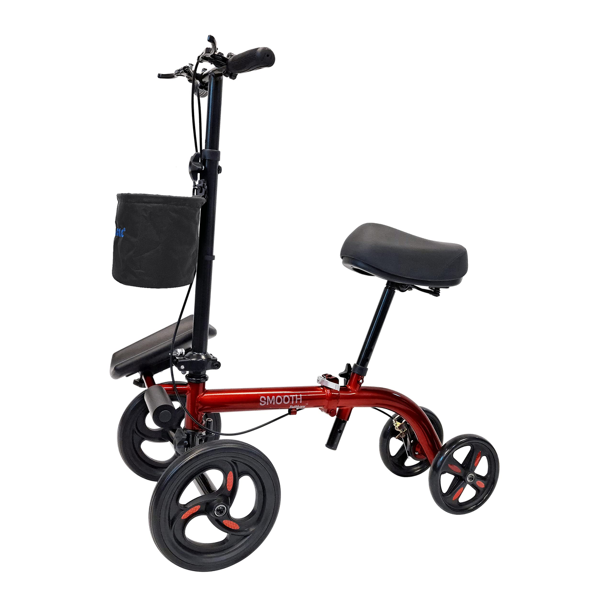 Tuffcare seated knee scooter in candy apple red with gel-padded seat, calf rest, and front storage basket for leg injury recovery.
