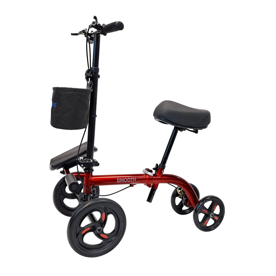 Tuffcare seated knee scooter in candy apple red with gel-padded seat, calf rest, and front storage basket for leg injury recovery.