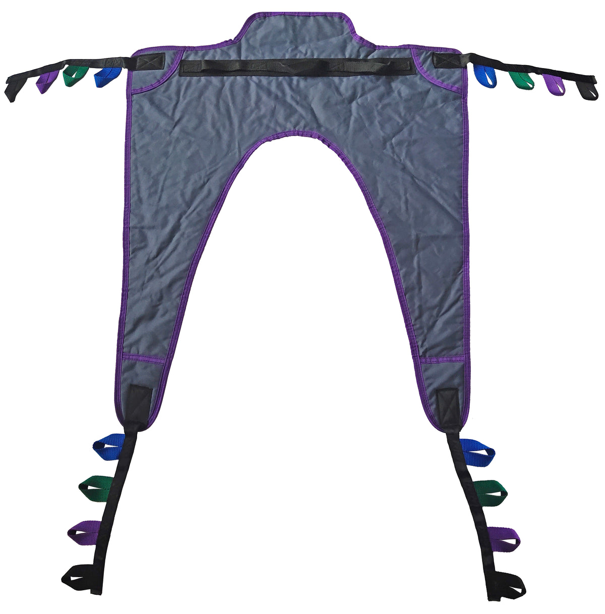 Tuffcare universal 3-layer padded stand-up patient lift sling with safety belt and 450 lb weight capacity, back view.