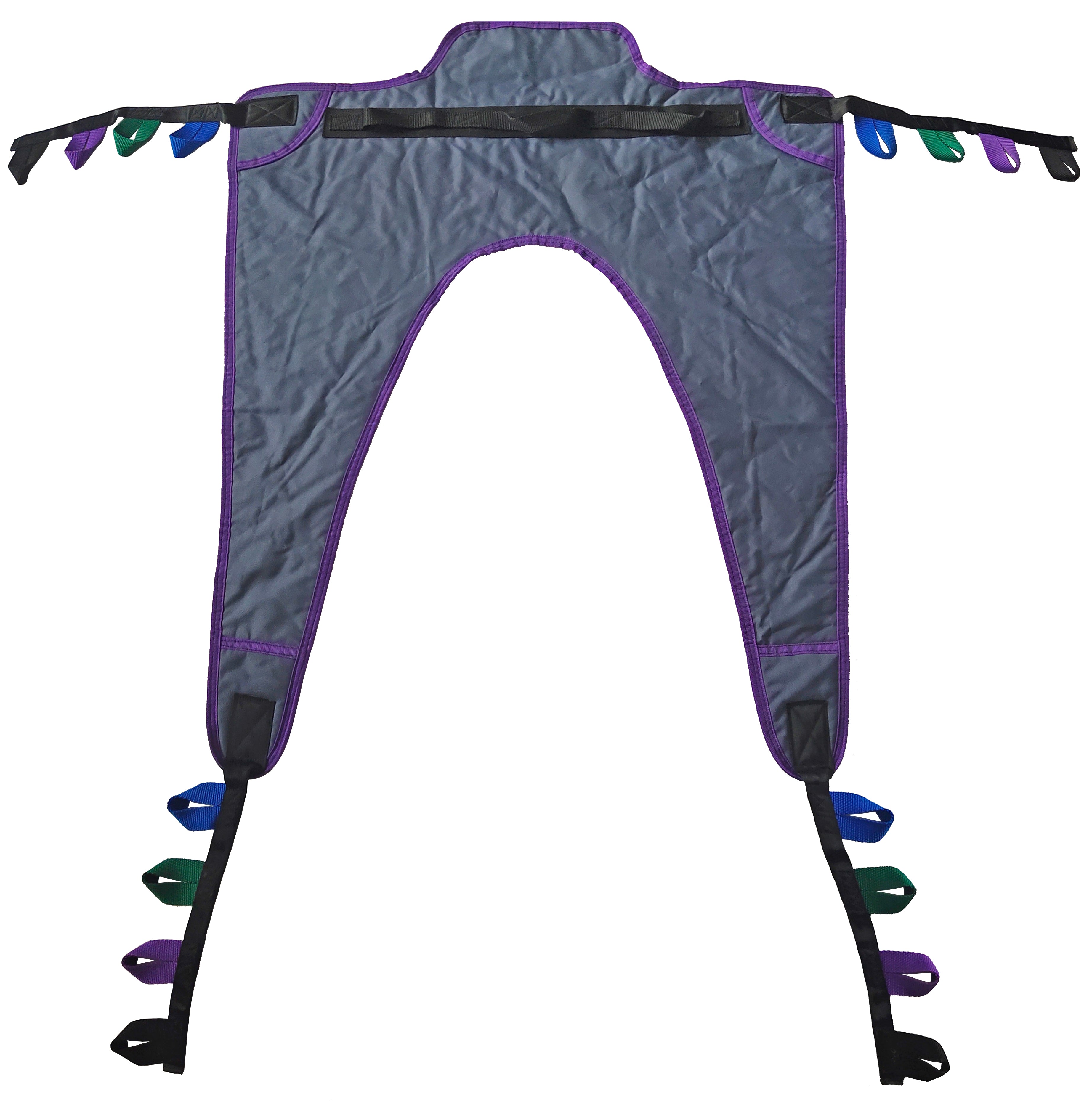 Tuffcare universal 3-layer padded stand-up patient lift sling with safety belt and 450 lb weight capacity, back view.
