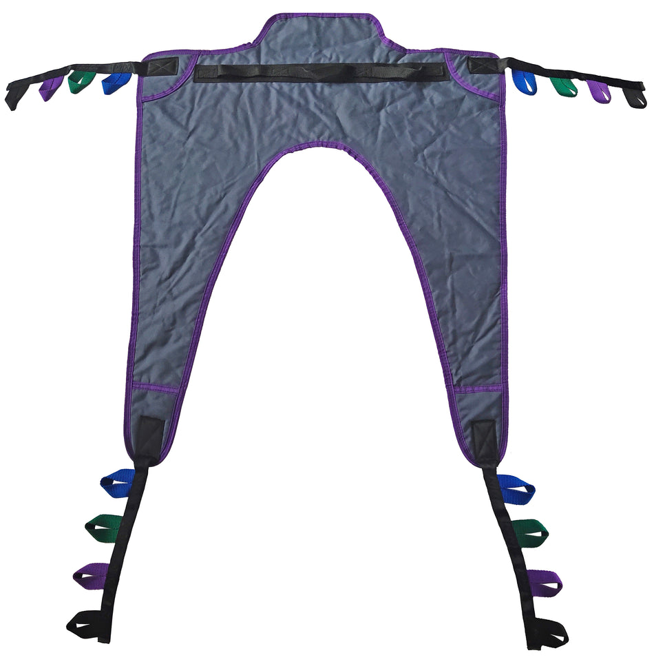 Tuffcare universal 3-layer padded stand-up patient lift sling with safety belt and 450 lb weight capacity, back view.