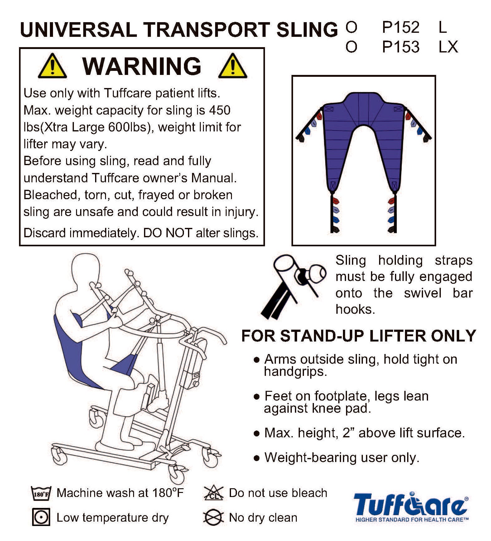 Safety and usage diagram for Tuffcare Universal Transport Slings P152 and P153 with weight limits up to 600 lbs.