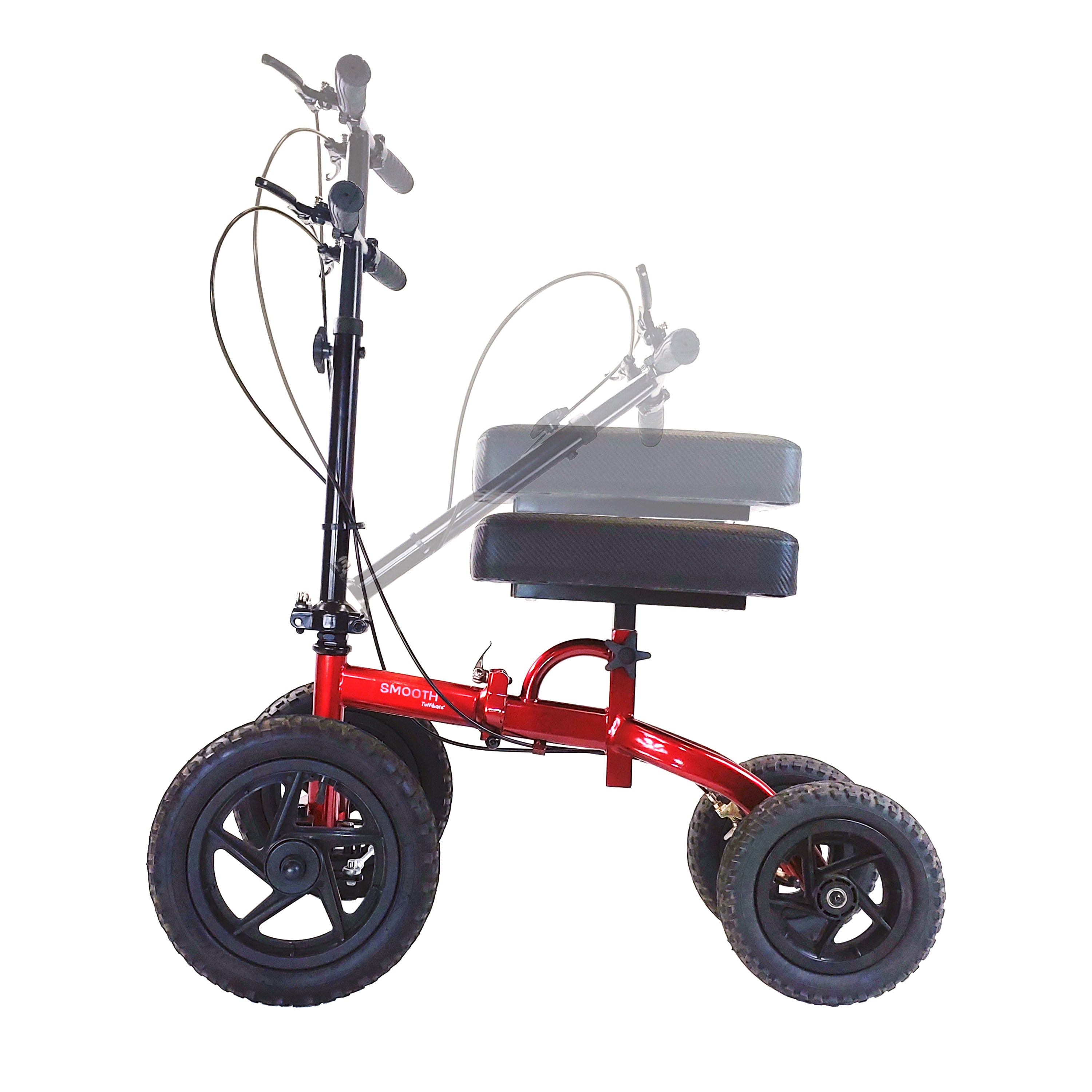 Tuffcare All-Terrain steerable knee walker in candy apple red with adjustable handle and seat.