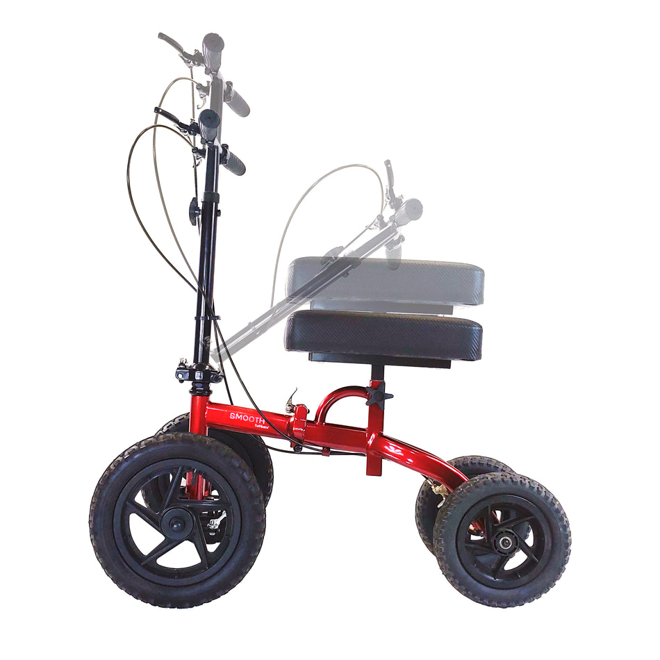 Tuffcare All-Terrain steerable knee walker in candy apple red with adjustable handle and seat.