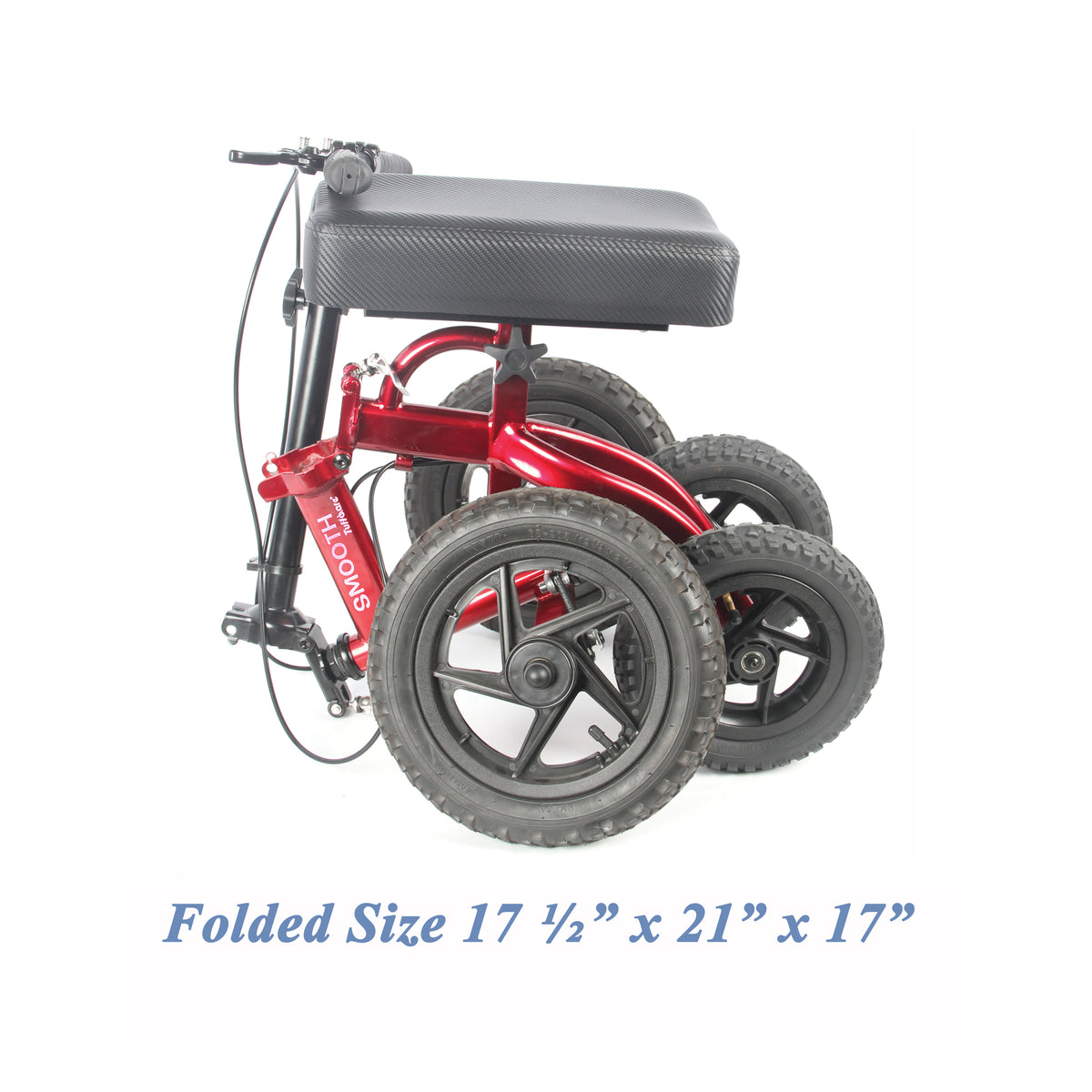 Tuffcare All-Terrain steerable knee walker in fully folded with dimensions of 17.5 by 21 by 1 7 inches, for easy handling and transportation. 
