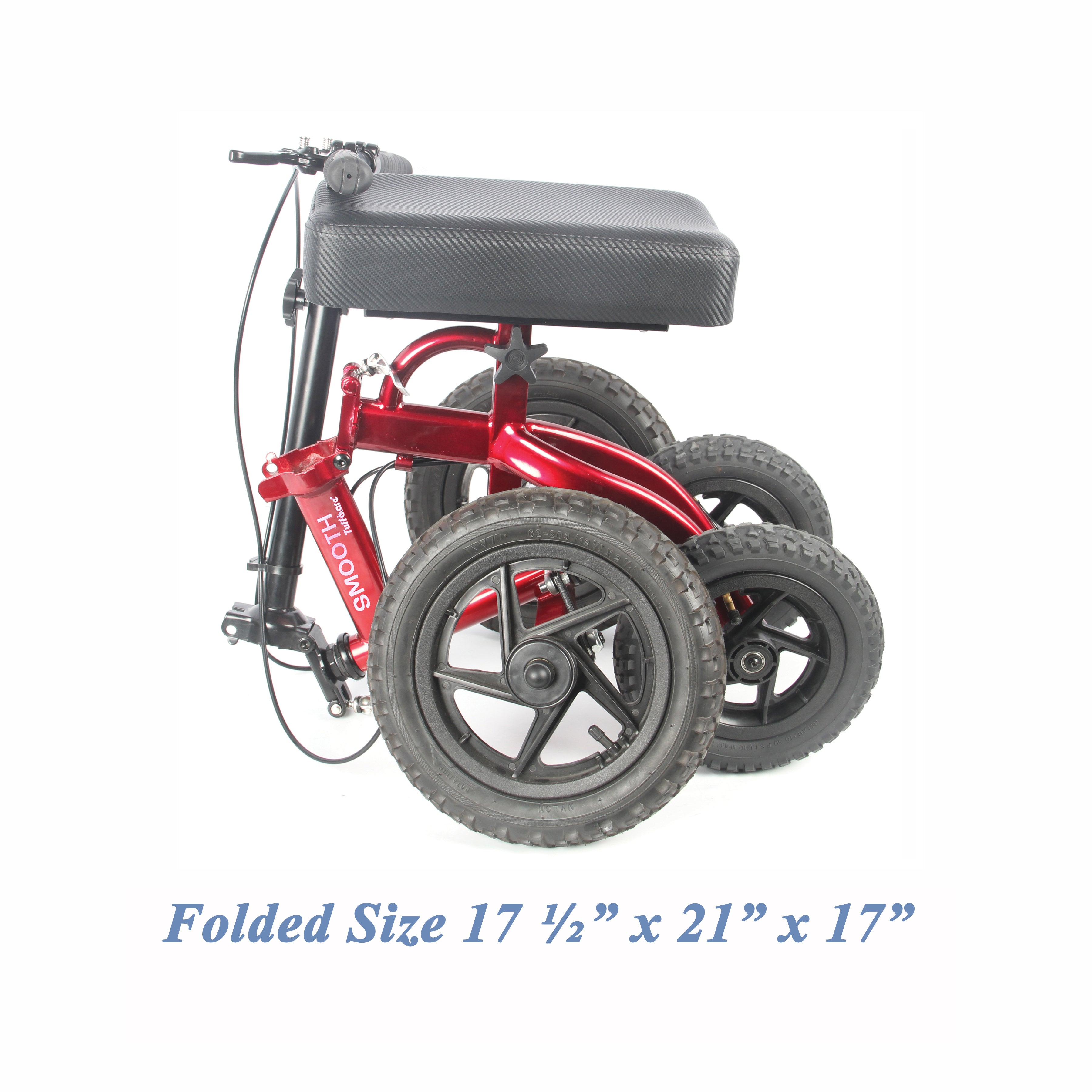 Tuffcare All-Terrain steerable knee walker in fully folded with dimensions of 17.5 by 21 by 1 7 inches, for easy handling and transportation. 