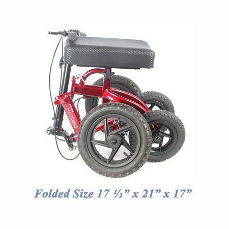 Tuffcare All-Terrain steerable knee walker in fully folded with dimensions of 17.5 by 21 by 1 7 inches, for easy handling and transportation. 